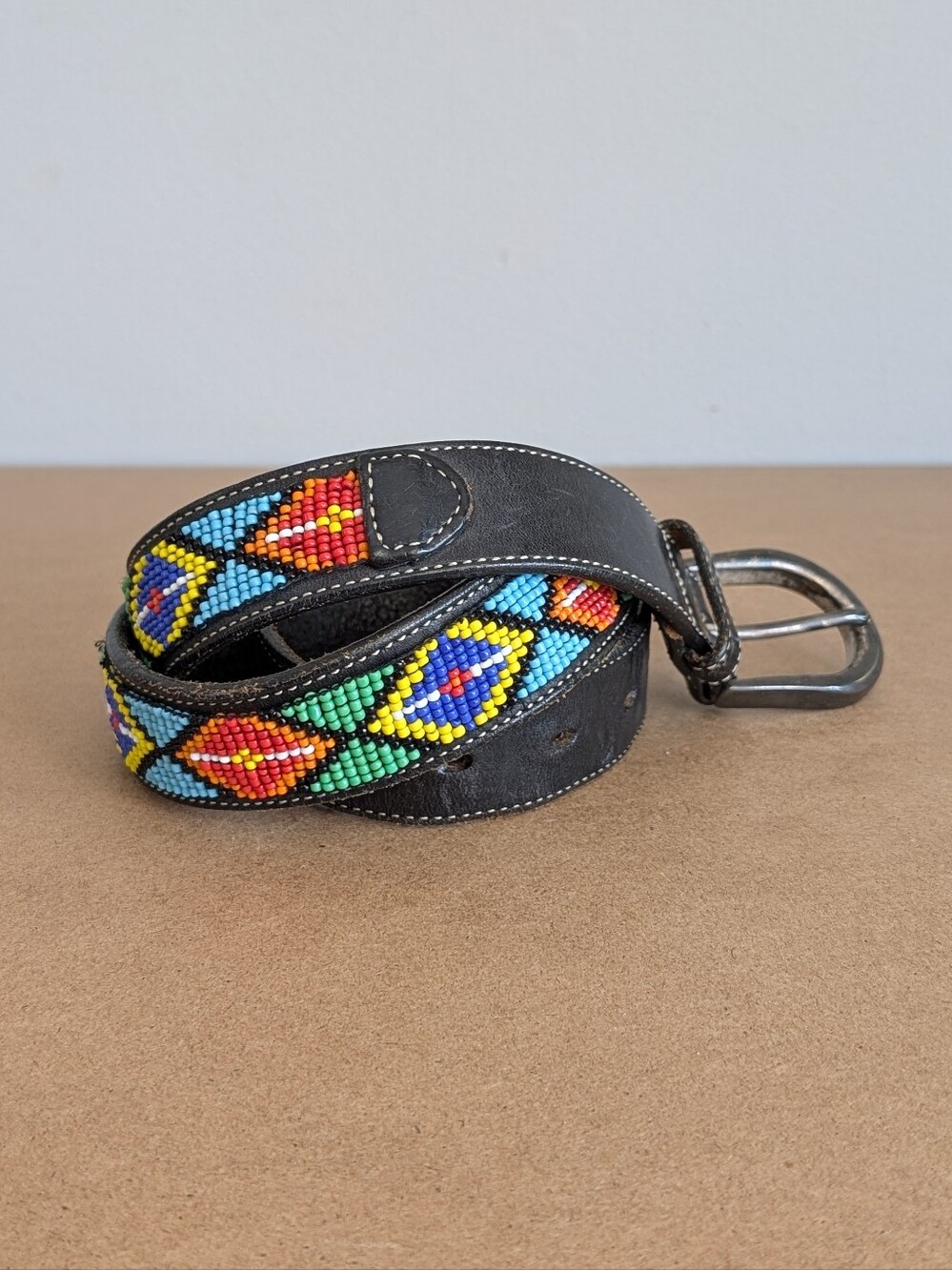 GAP Black Leather Belt with Multicolor Geometric Beaded Pattern